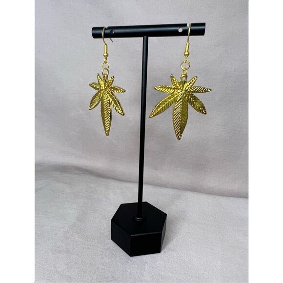 Handmade Gold Large Pot Leaf Dangly Earrings - Picture 1 of 3